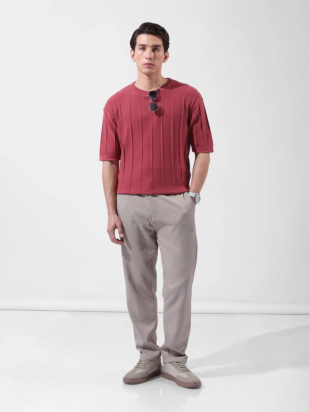 Men's Rust Oversized Fit Textured Flat Knit Crew Neck T-Shirt - Image 9