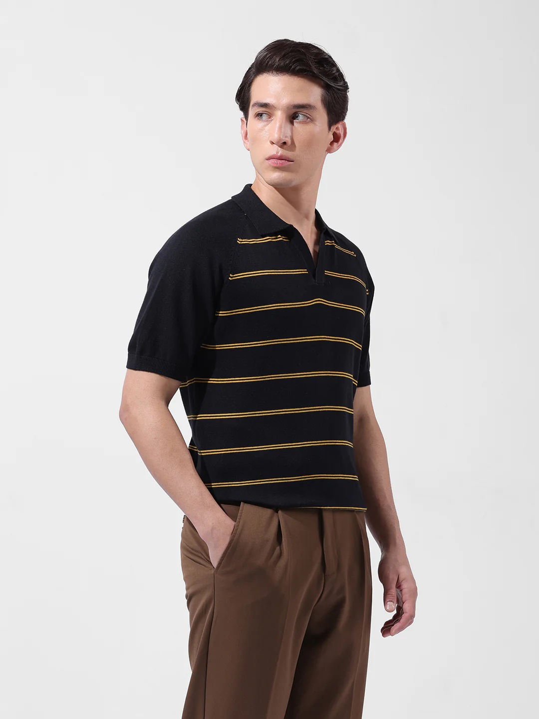 Men's Black Slim Fit Textured Flat Knit Polo Neck T-Shirt - Image 2