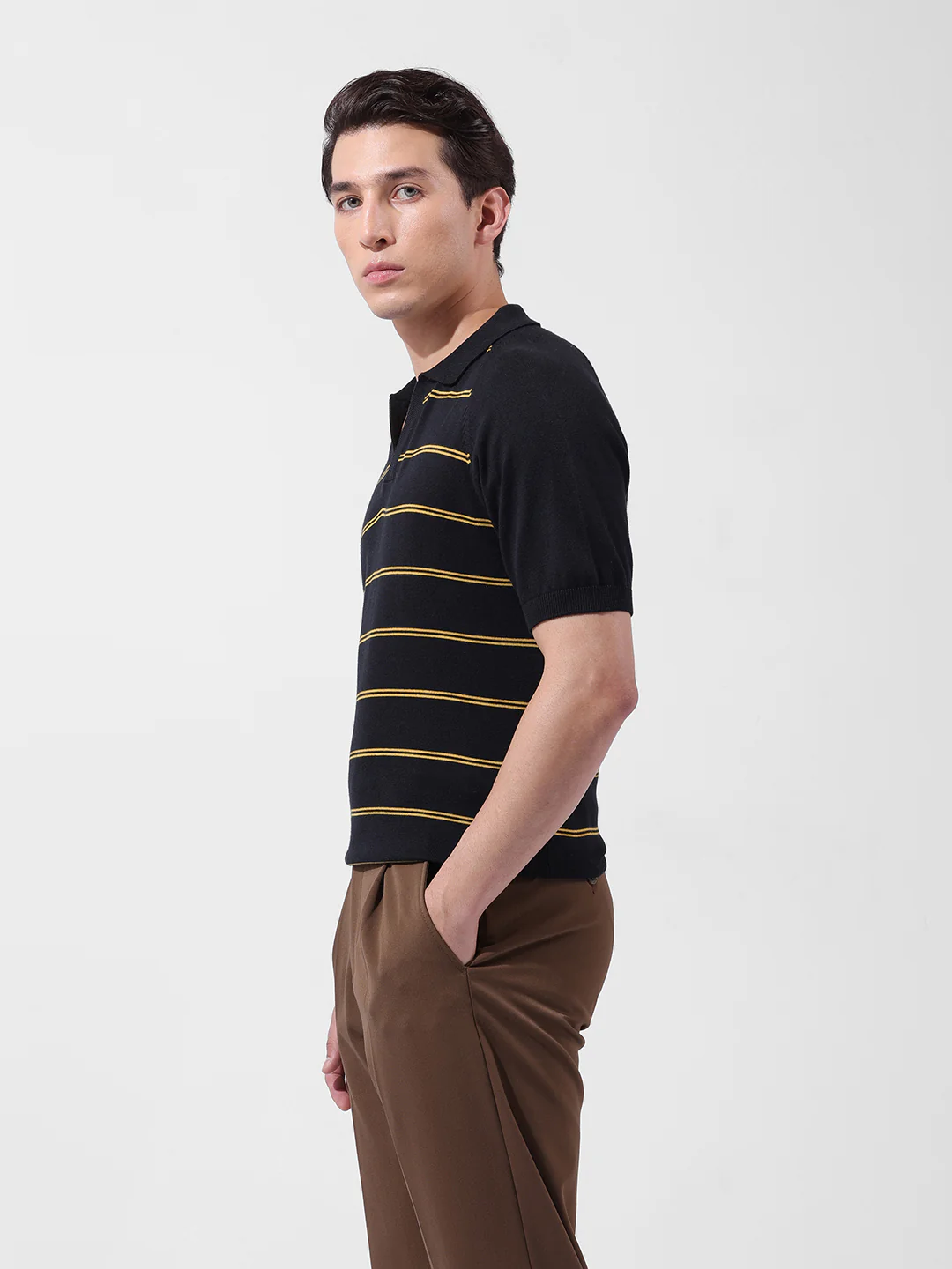 Men's Black Slim Fit Textured Flat Knit Polo Neck T-Shirt - Image 4