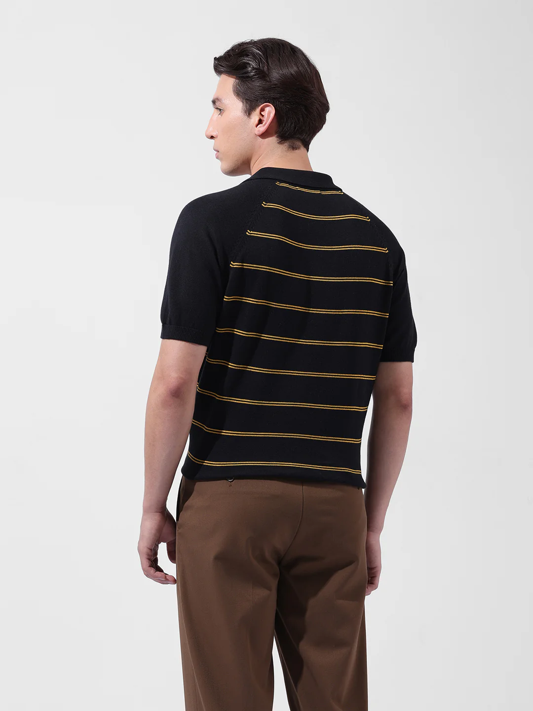 Men's Black Slim Fit Textured Flat Knit Polo Neck T-Shirt - Image 5
