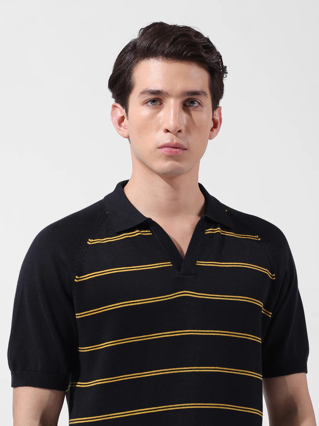 Men's Black Slim Fit Textured Flat Knit Polo Neck T-Shirt - Image 6