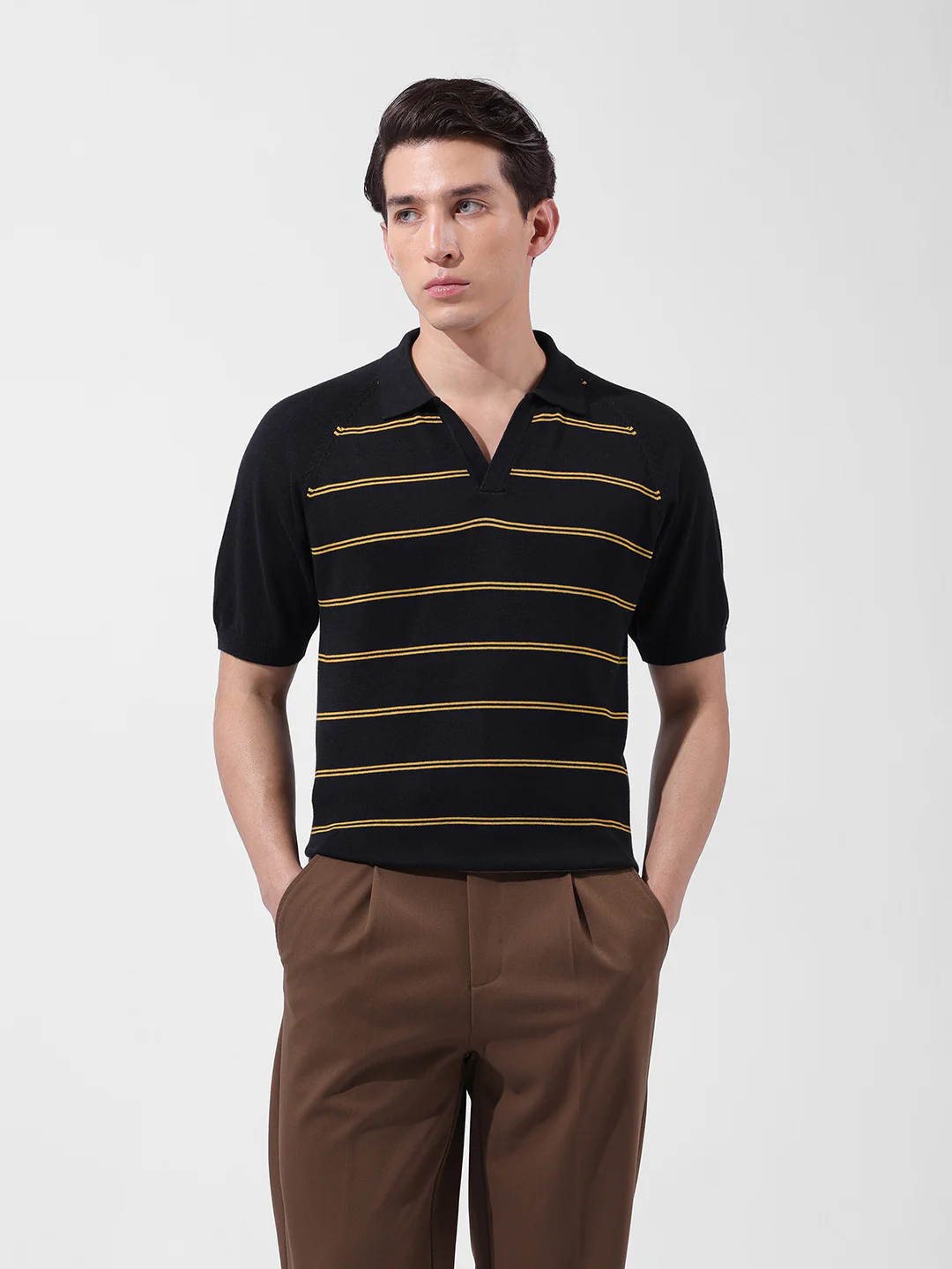 Men's Black Slim Fit Textured Flat Knit Polo Neck T-Shirt - Image 7