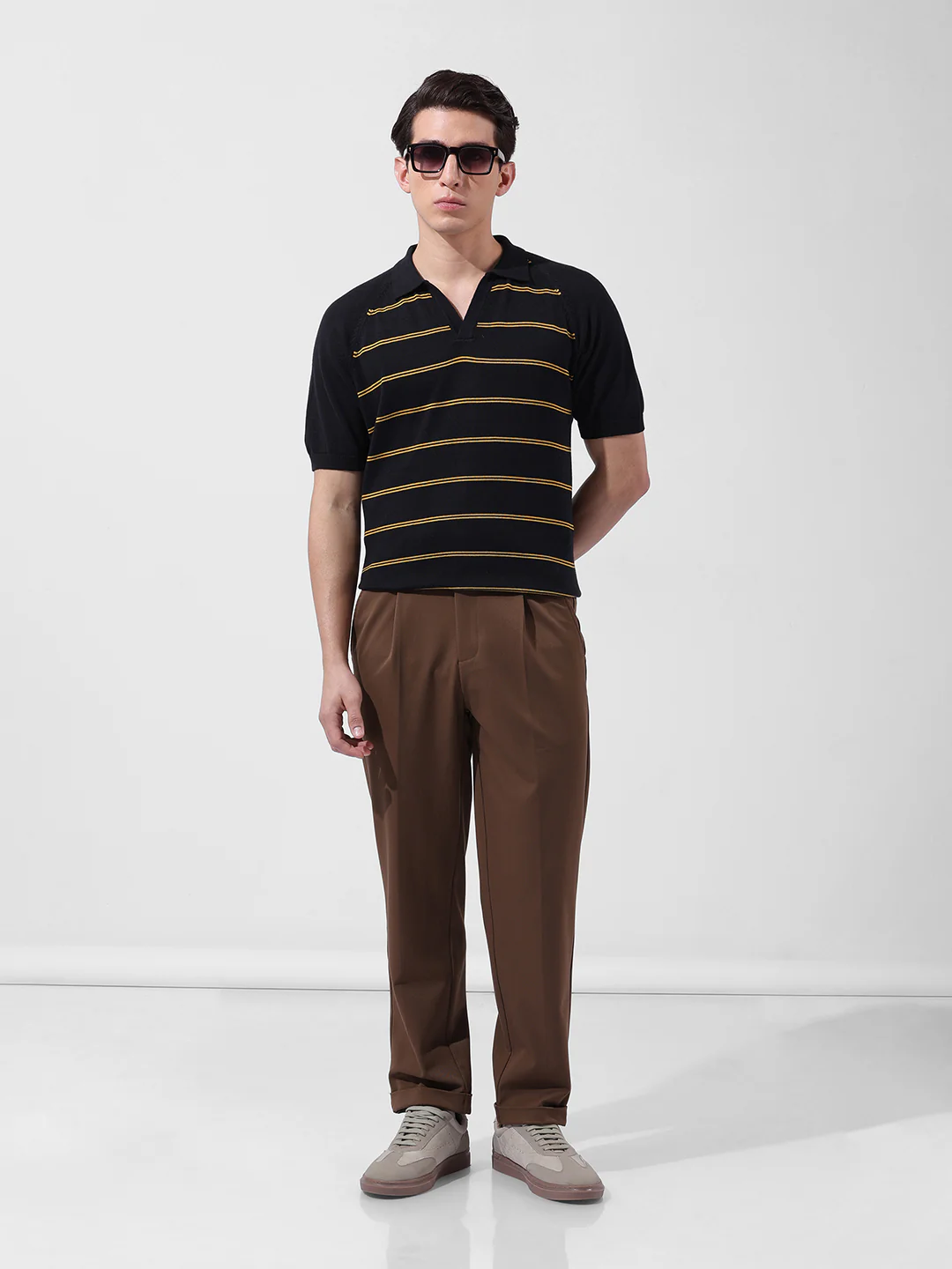 Men's Black Slim Fit Textured Flat Knit Polo Neck T-Shirt - Image 8