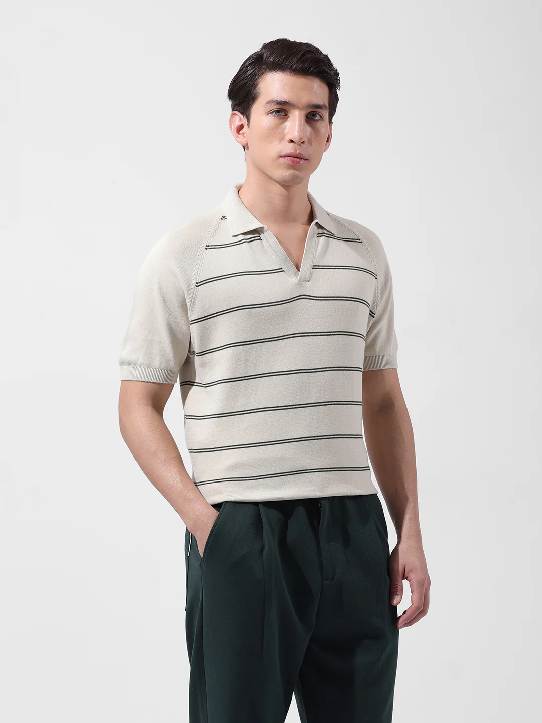 Men's Cream Slim Fit Textured Flat Knit Polo Neck T-Shirt - Image 2