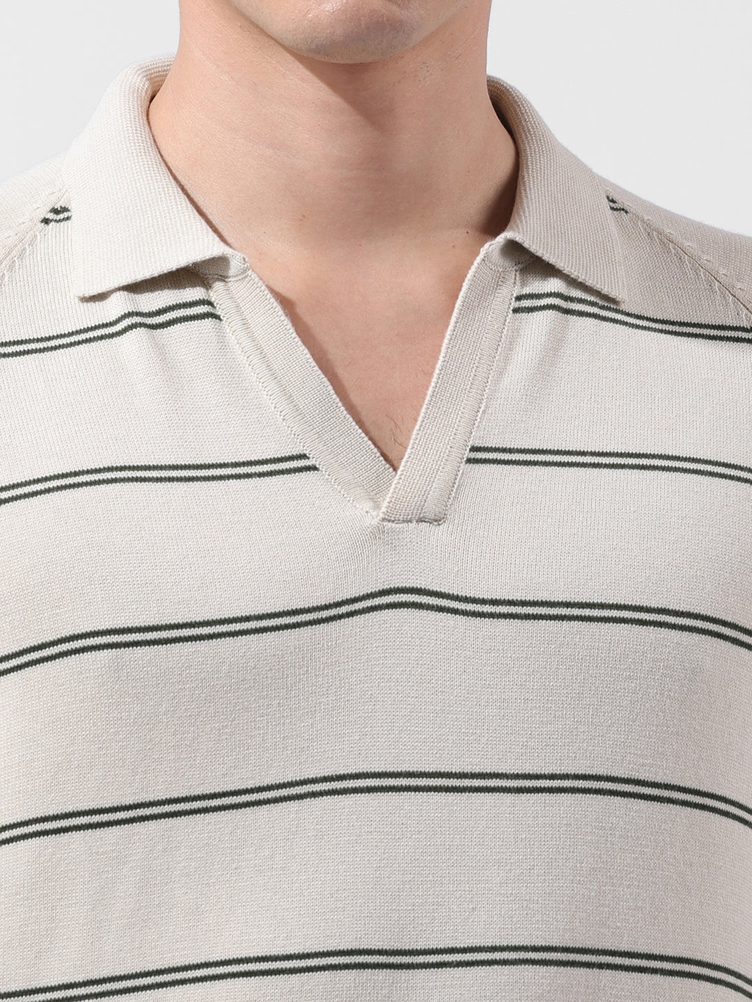 Men's Cream Slim Fit Textured Flat Knit Polo Neck T-Shirt - Image 3