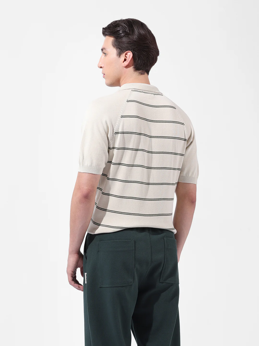 Men's Cream Slim Fit Textured Flat Knit Polo Neck T-Shirt - Image 4
