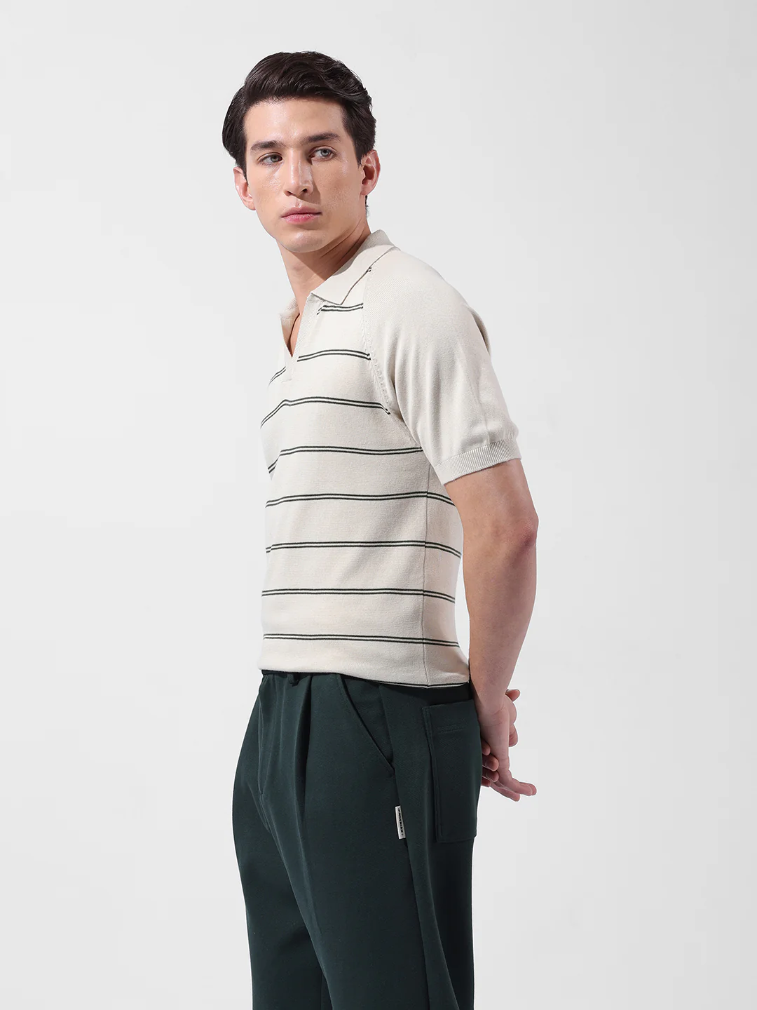 Men's Cream Slim Fit Textured Flat Knit Polo Neck T-Shirt - Image 5