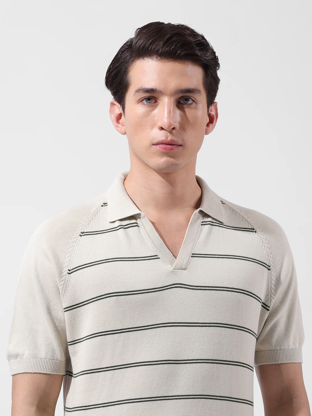 Men's Cream Slim Fit Textured Flat Knit Polo Neck T-Shirt - Image 6