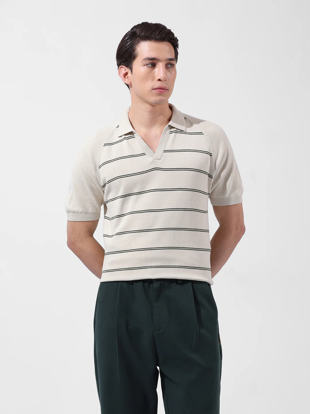 Men's Cream Slim Fit Textured Flat Knit Polo Neck T-Shirt - Image 7