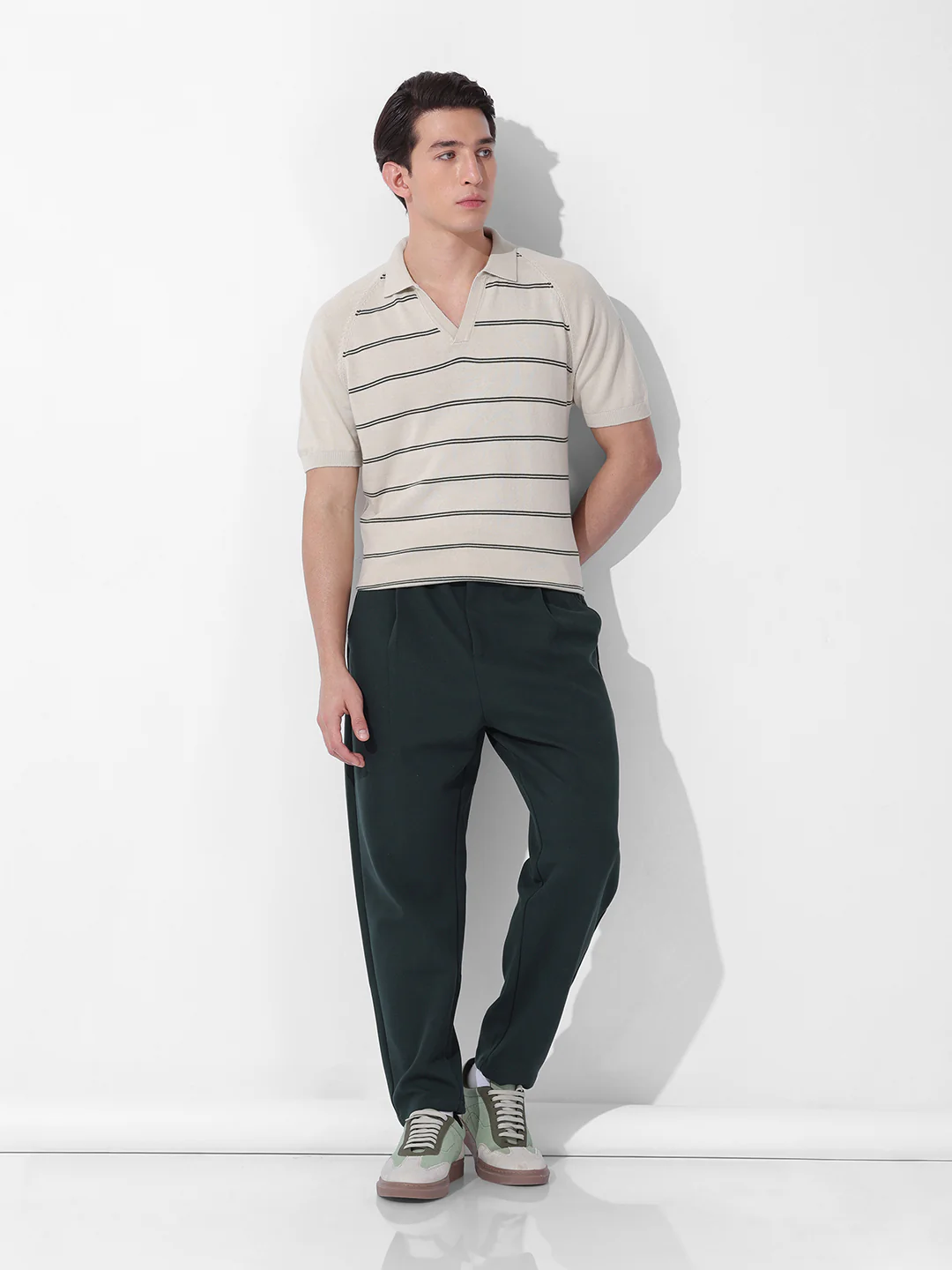 Men's Cream Slim Fit Textured Flat Knit Polo Neck T-Shirt - Image 8