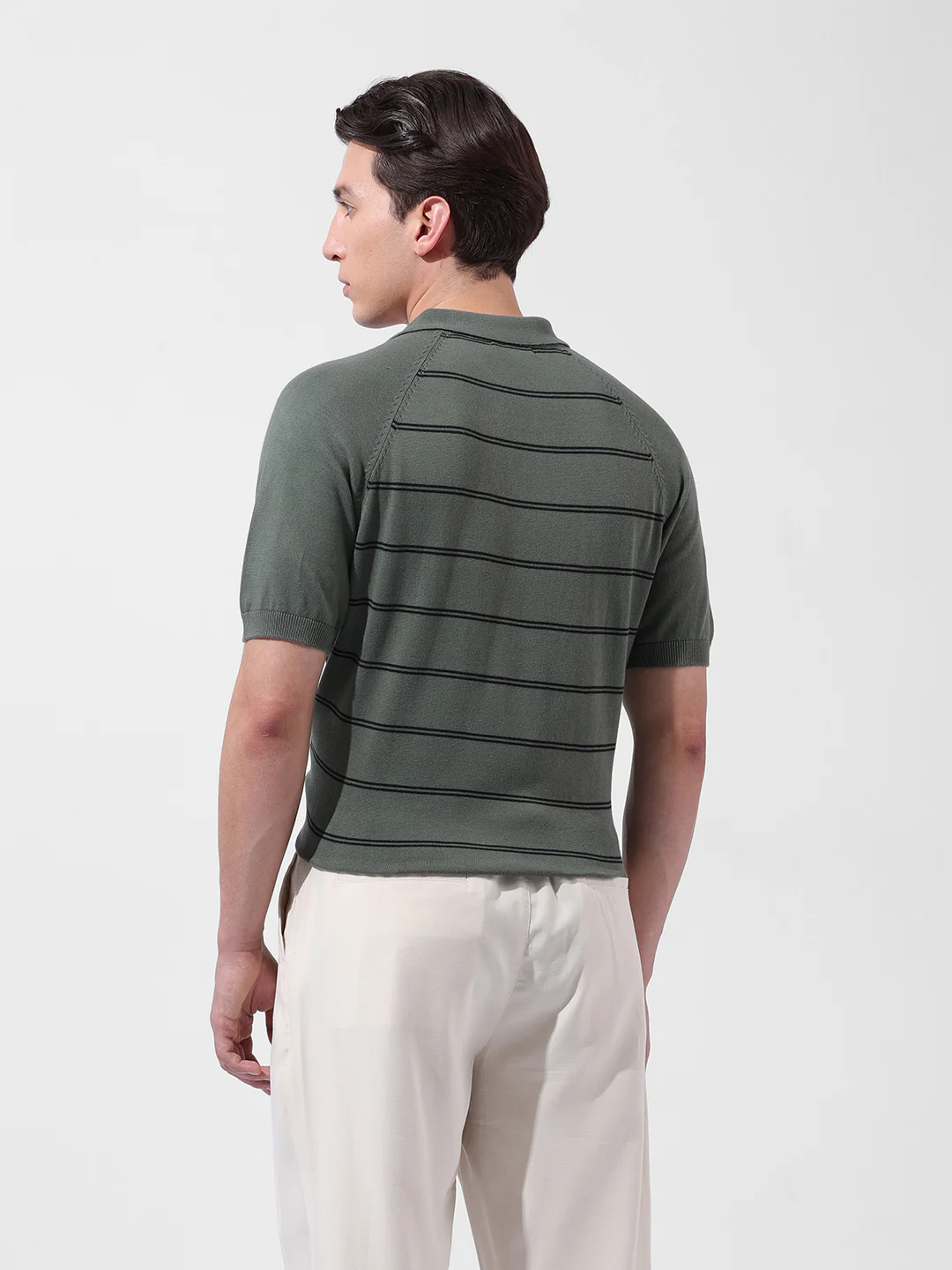 Men's Green Slim Fit Textured Flat Knit Polo Neck T-Shirt - Image 6