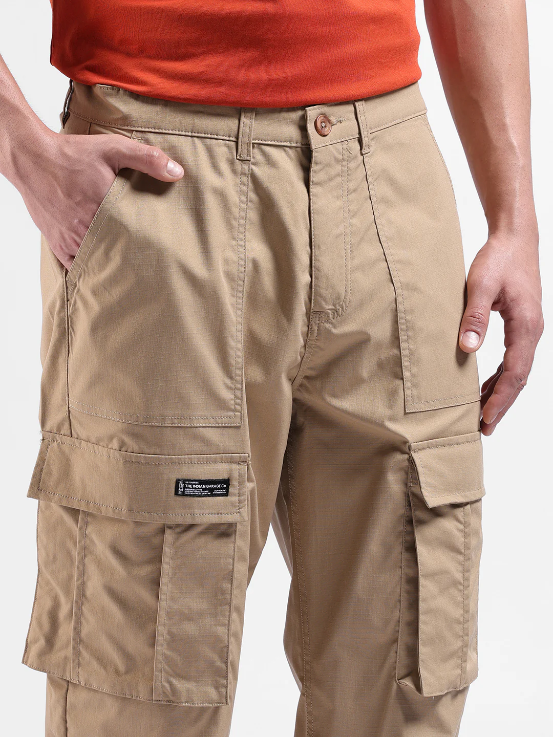 Men's Khaki Relaxed Fit Textured Utility Cargo - Image 2
