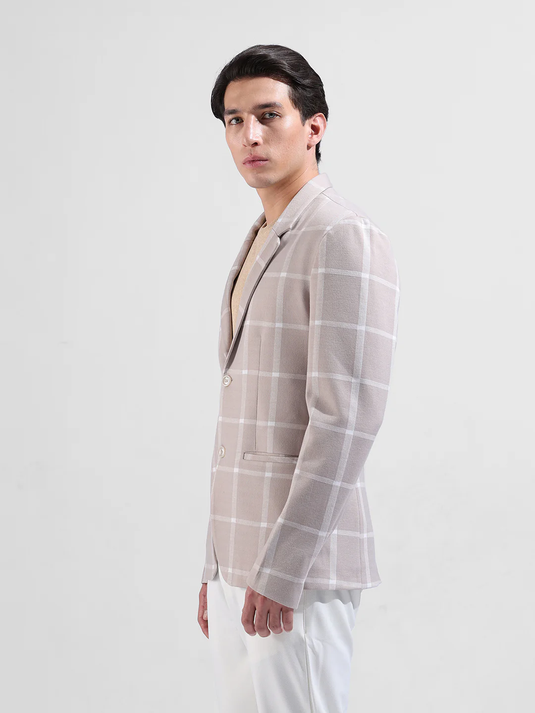 Men's Beige Regular Fit Checked Casual Blazer - Image 2