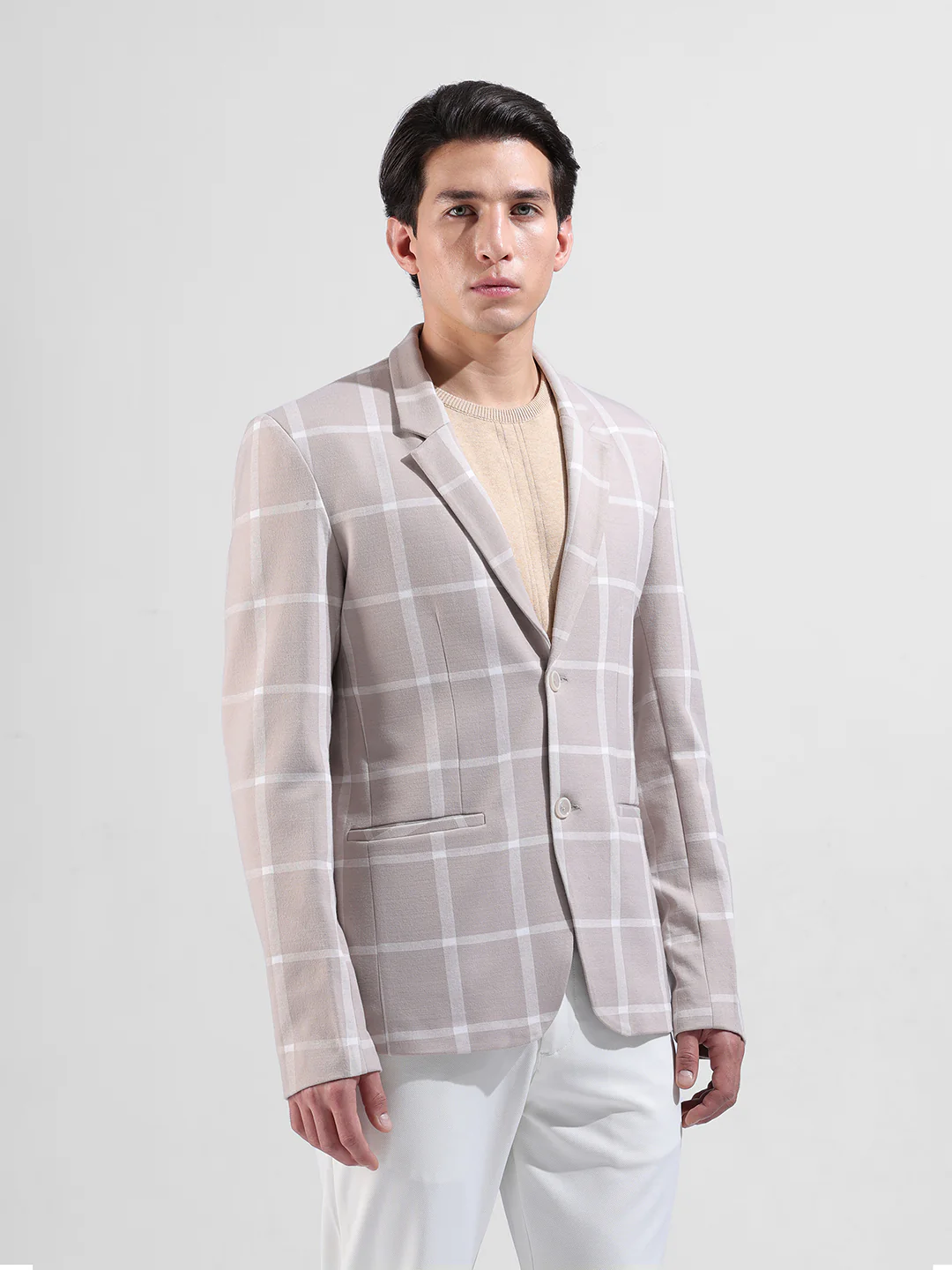Men's Beige Regular Fit Checked Casual Blazer - Image 3