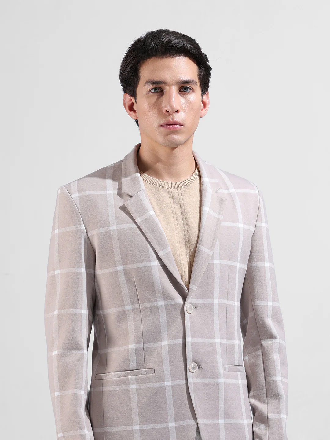 Men's Beige Regular Fit Checked Casual Blazer - Image 4