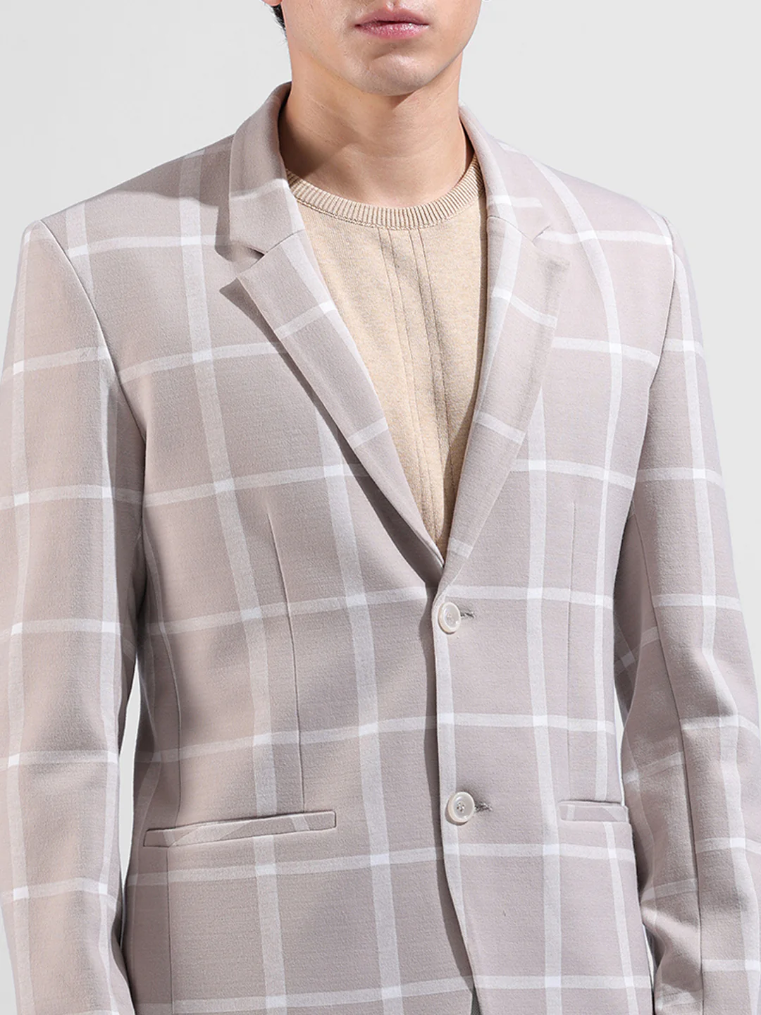 Men's Beige Regular Fit Checked Casual Blazer - Image 5