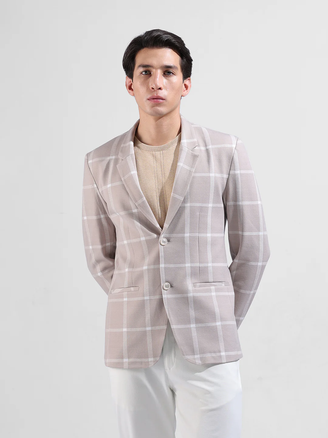 Men's Beige Regular Fit Checked Casual Blazer - Image 6