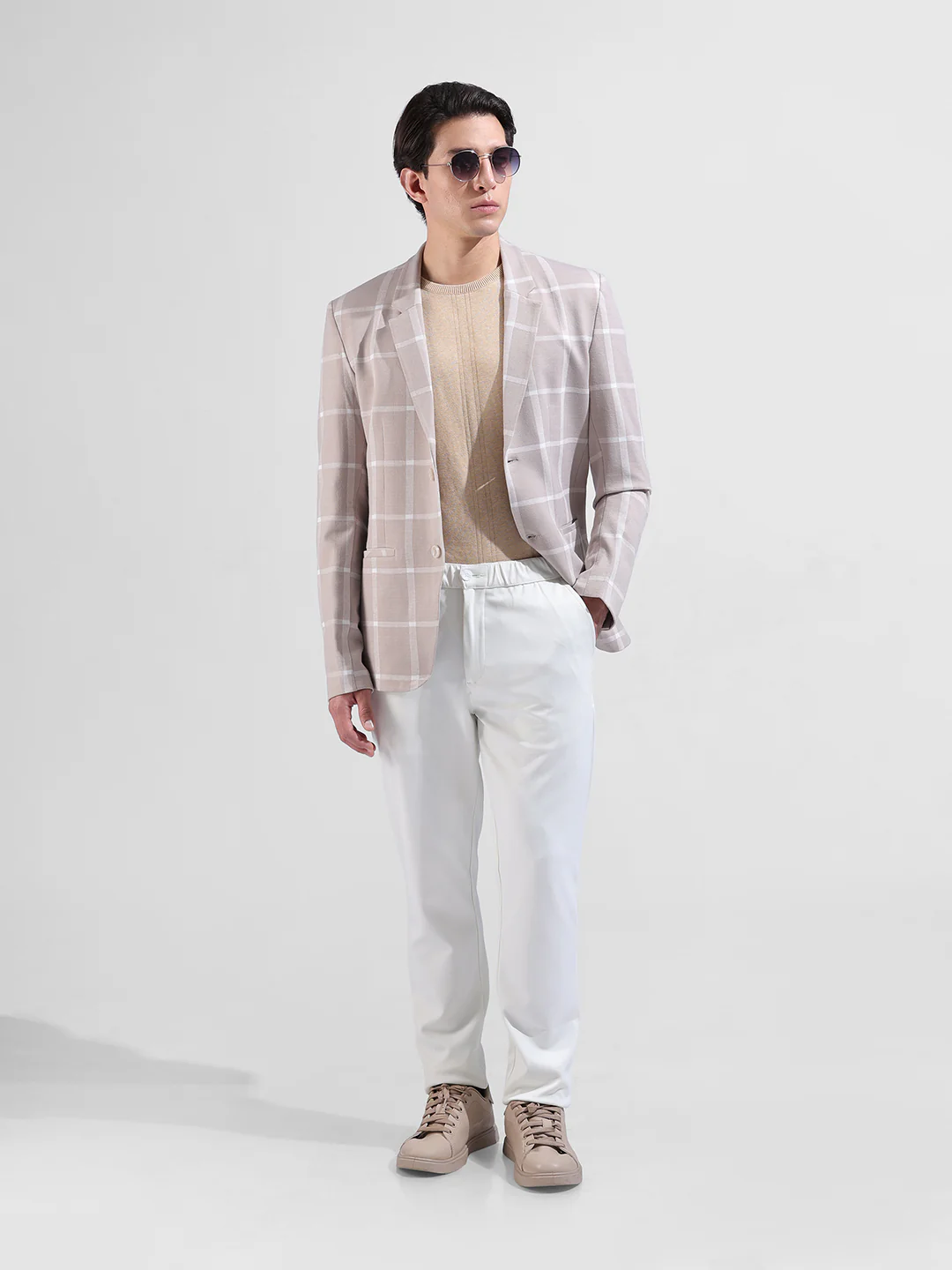Men's Beige Regular Fit Checked Casual Blazer - Image 8