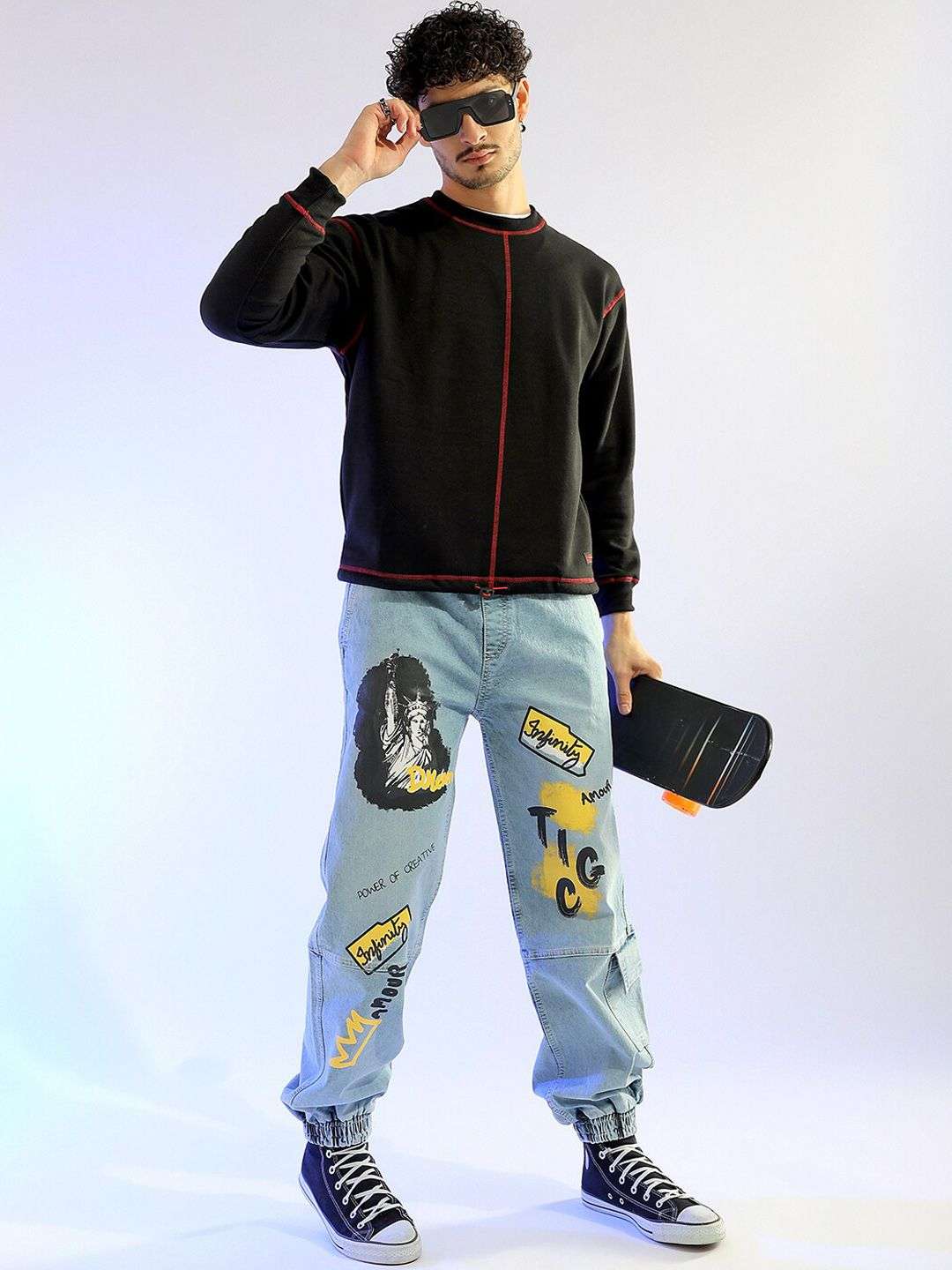 Men's Light Blue Loose Fit Solid Street Wear Jeans - Image 5