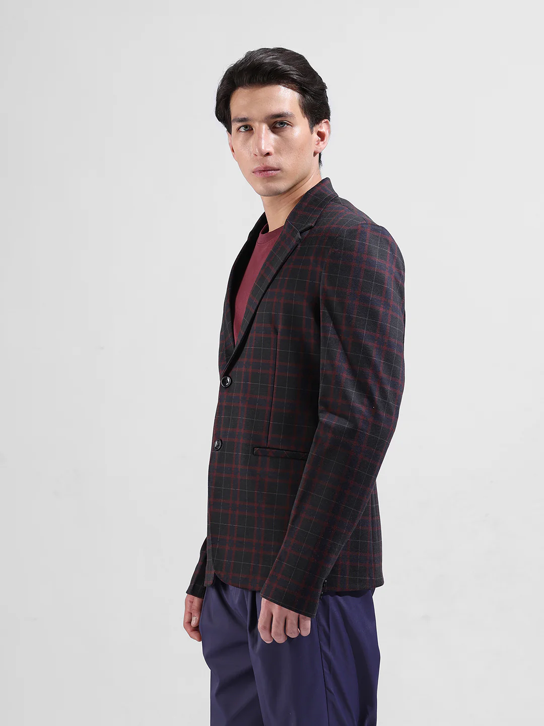 Men's Maroon Regular Fit Checked Casual Blazer - Image 2