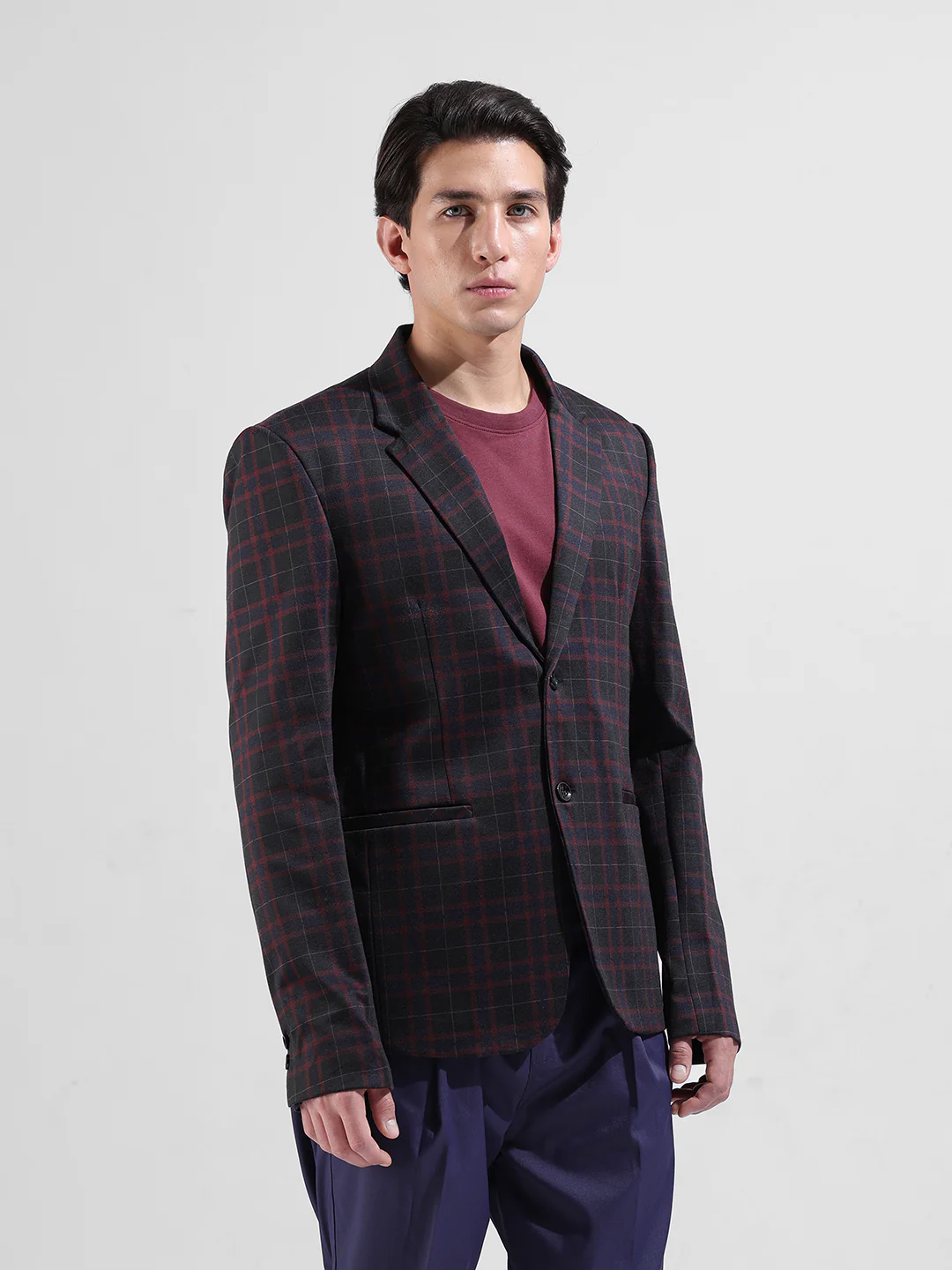 Men's Maroon Regular Fit Checked Casual Blazer - Image 3