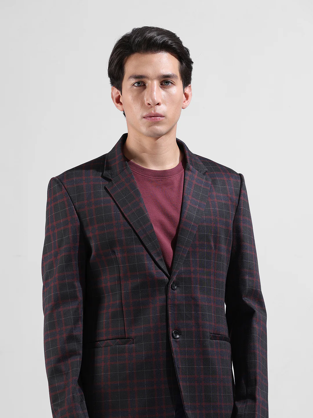 Men's Maroon Regular Fit Checked Casual Blazer - Image 4