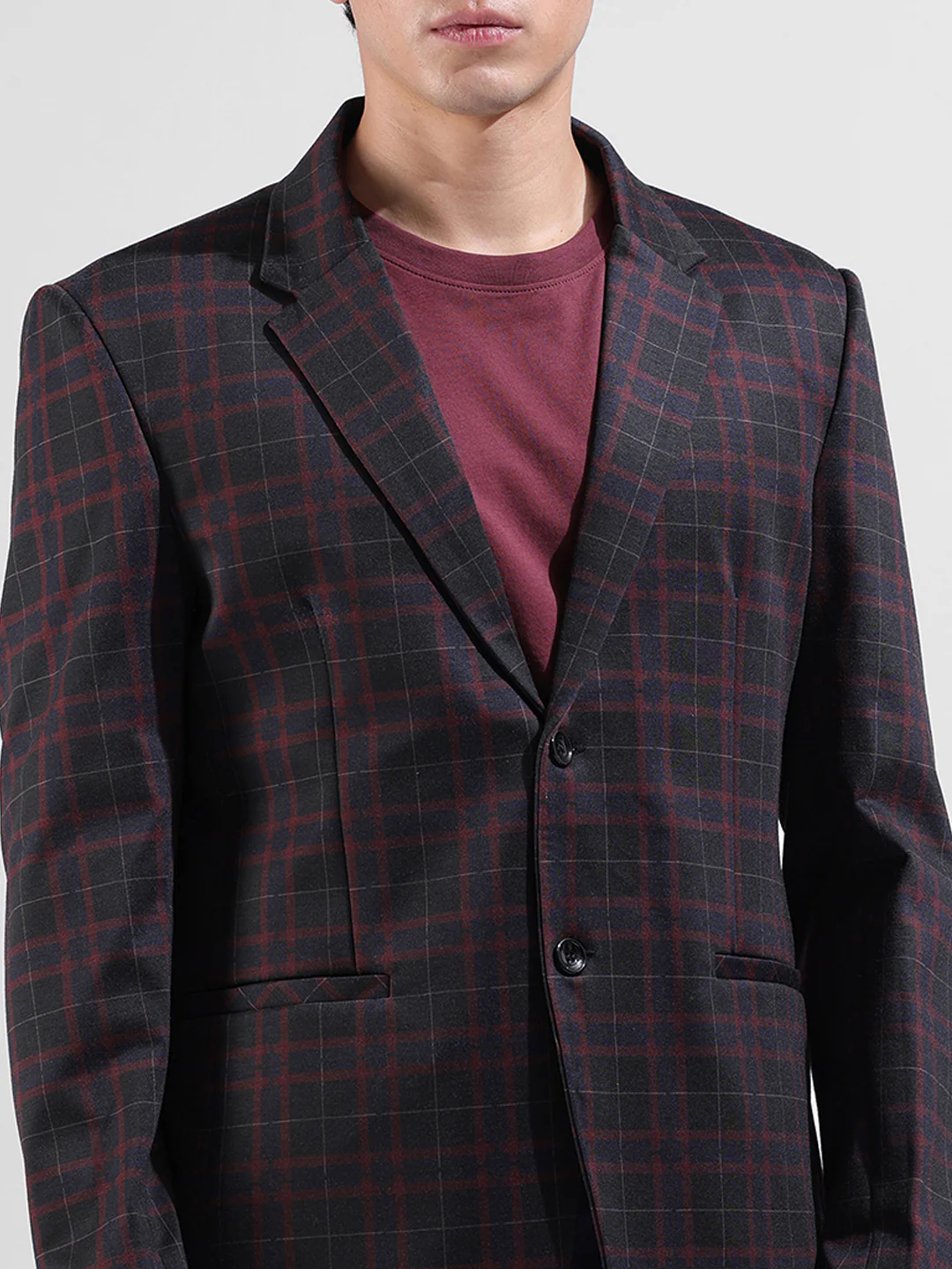 Men's Maroon Regular Fit Checked Casual Blazer - Image 5