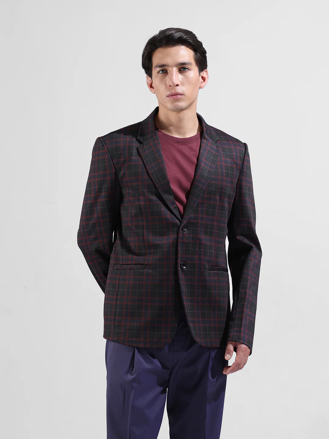 Men's Maroon Regular Fit Checked Casual Blazer - Image 6