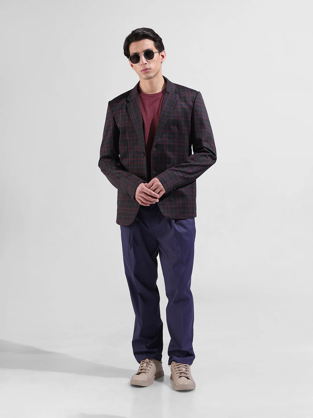 Men's Maroon Regular Fit Checked Casual Blazer - Image 8