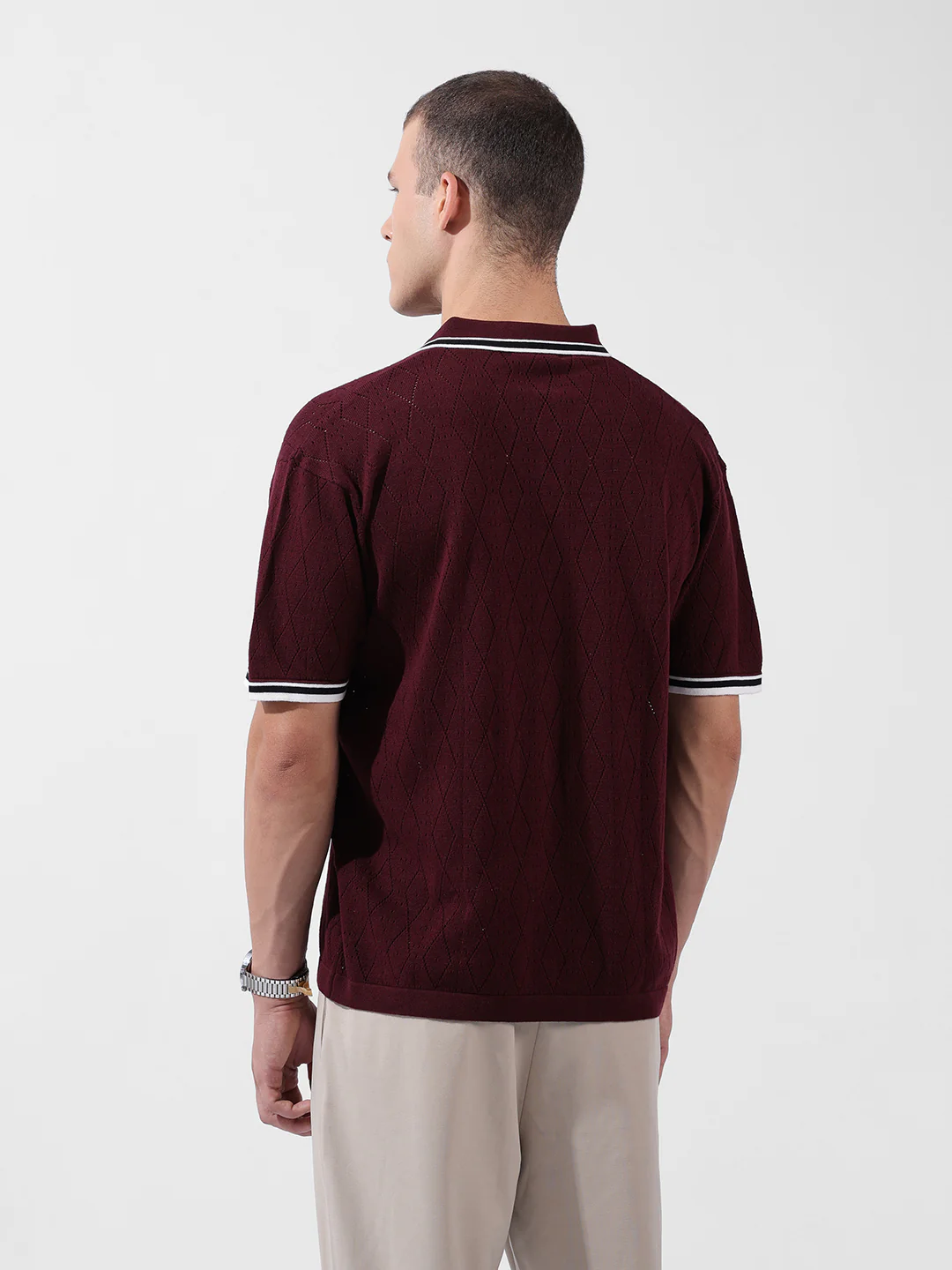 Men's Maroon Oversized Fit Striped Flat Knit T-Shirt - Image 2