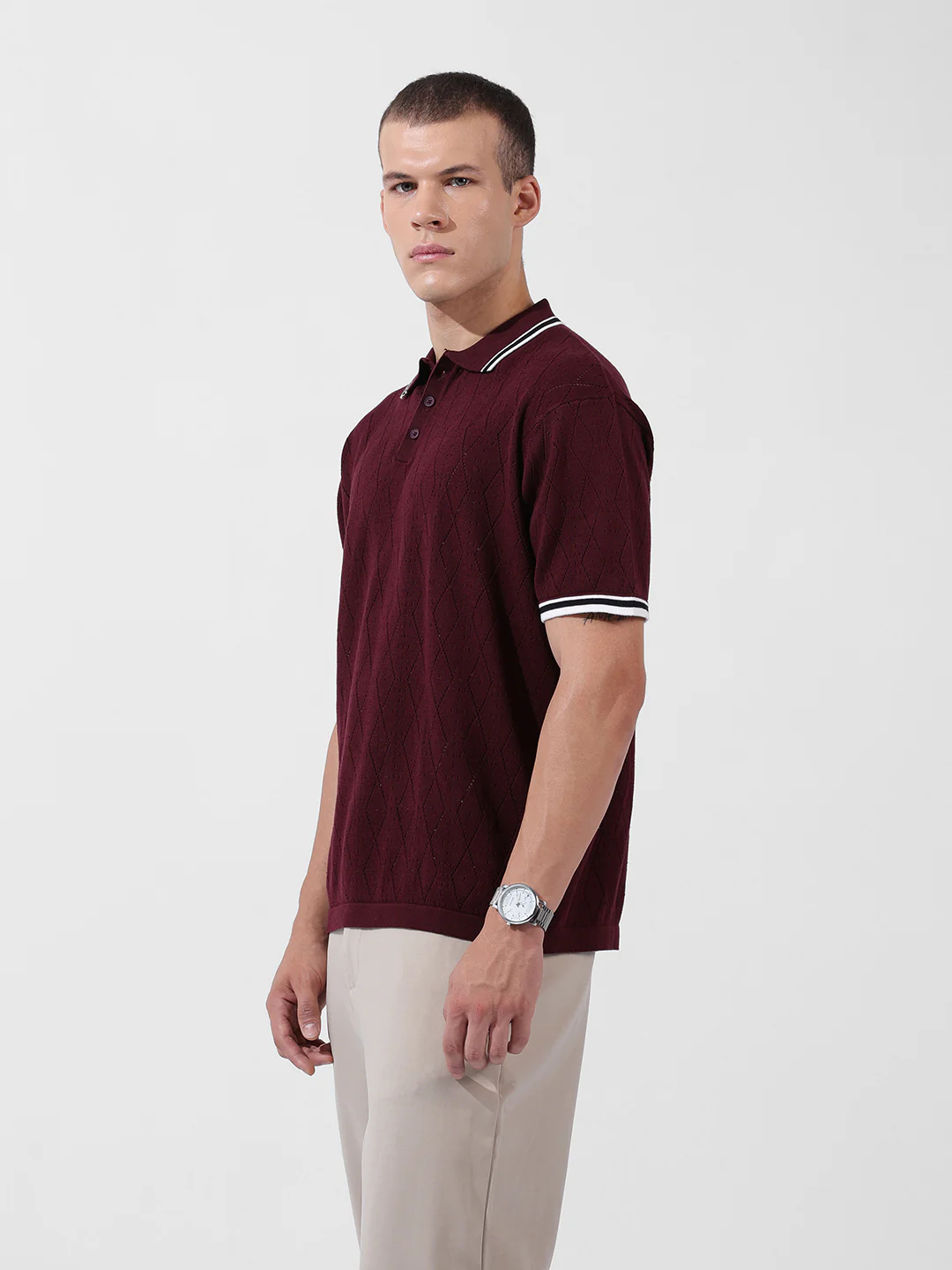 Men's Maroon Oversized Fit Striped Flat Knit T-Shirt - Image 3