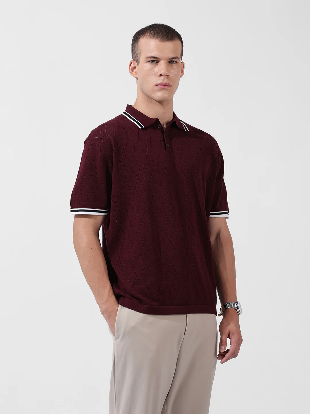 Men's Maroon Oversized Fit Striped Flat Knit T-Shirt - Image 4