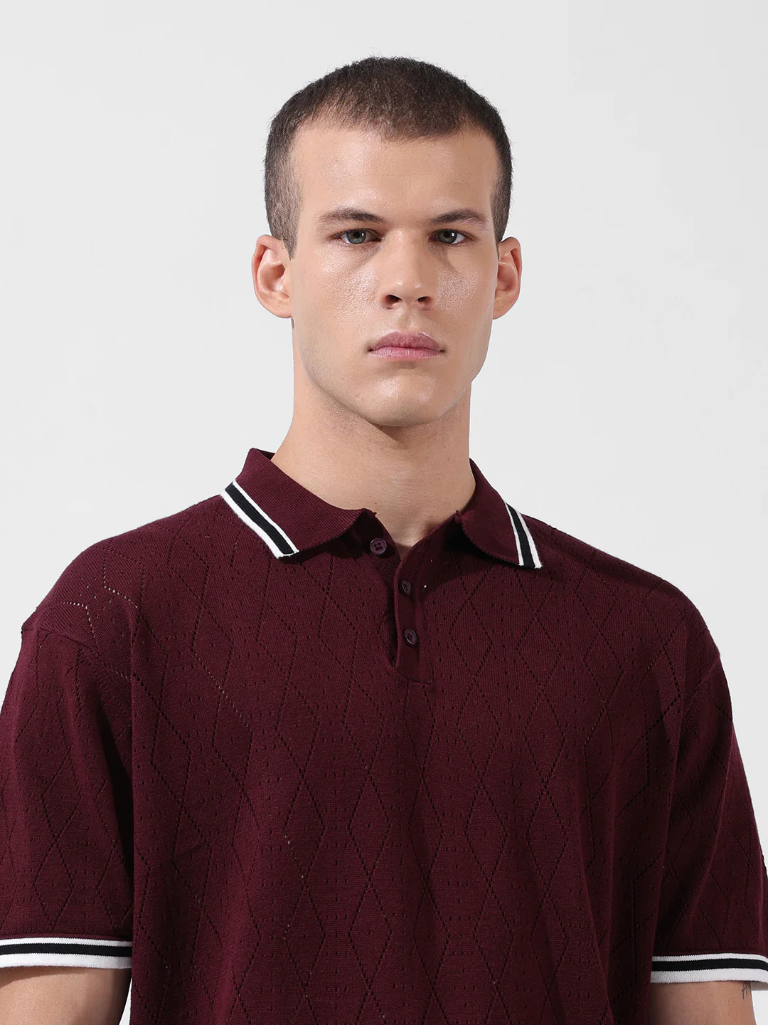 Men's Maroon Oversized Fit Striped Flat Knit T-Shirt - Image 5