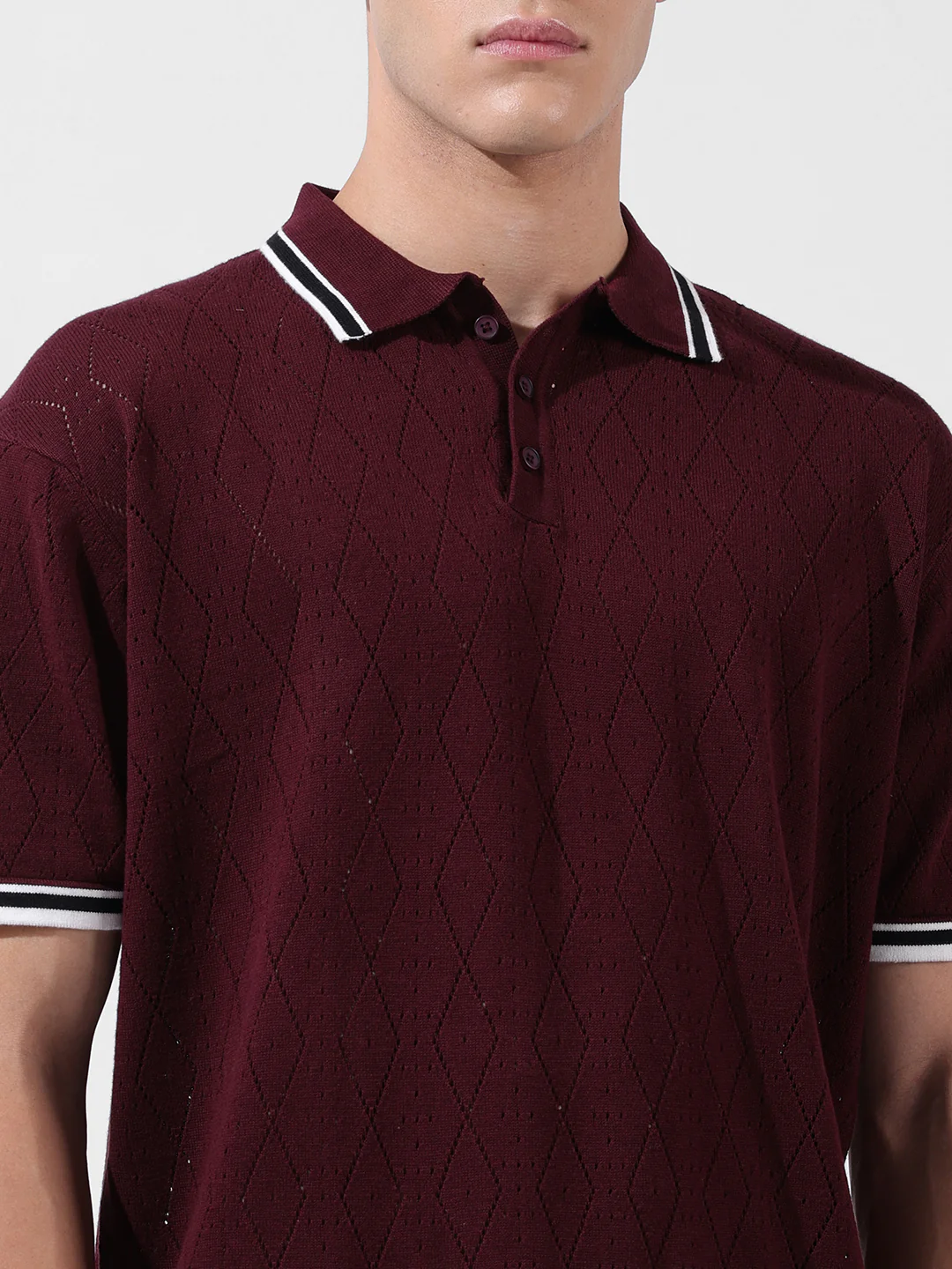 Men's Maroon Oversized Fit Striped Flat Knit T-Shirt - Image 6