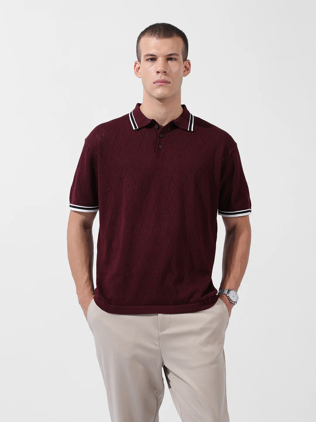 Men's Maroon Oversized Fit Striped Flat Knit T-Shirt - Image 7