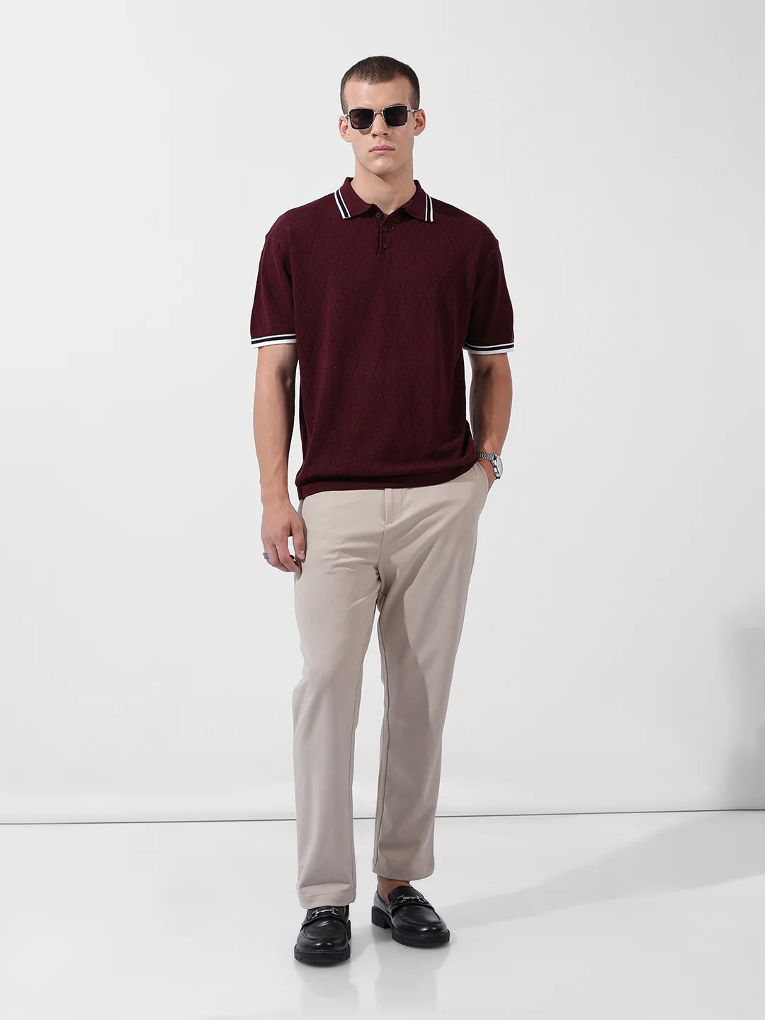 Men's Maroon Oversized Fit Striped Flat Knit T-Shirt - Image 8
