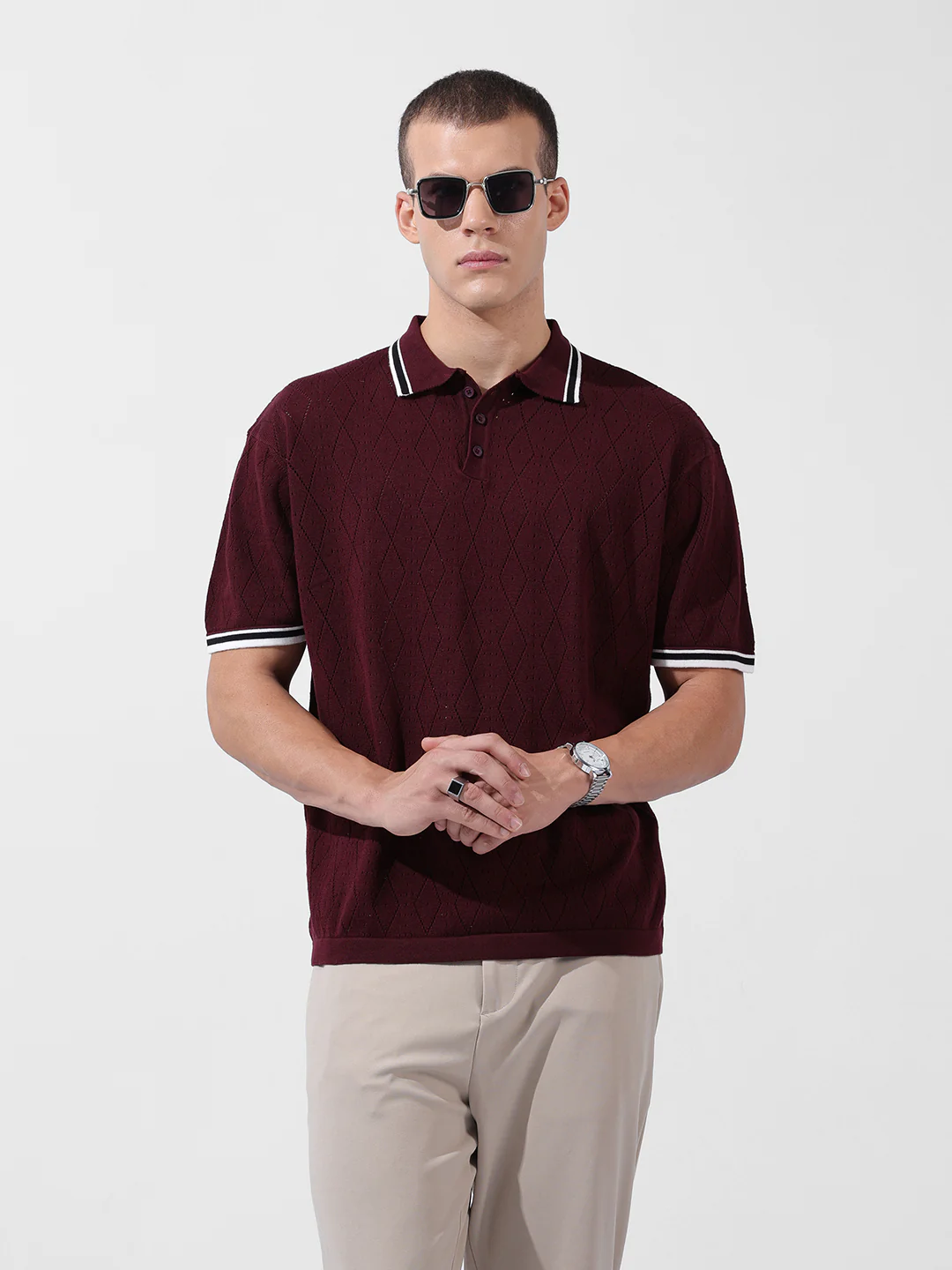 Men's Maroon Oversized Fit Striped Flat Knit T-Shirt - Image 9