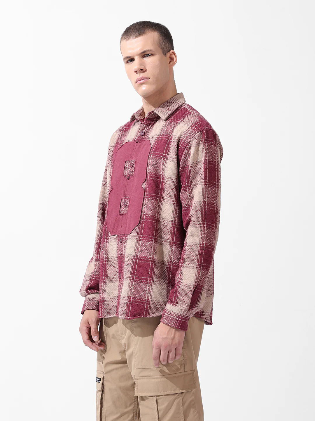 Men's Maroon Relaxed Fit Checkered Embroidered Shirt - Image 2