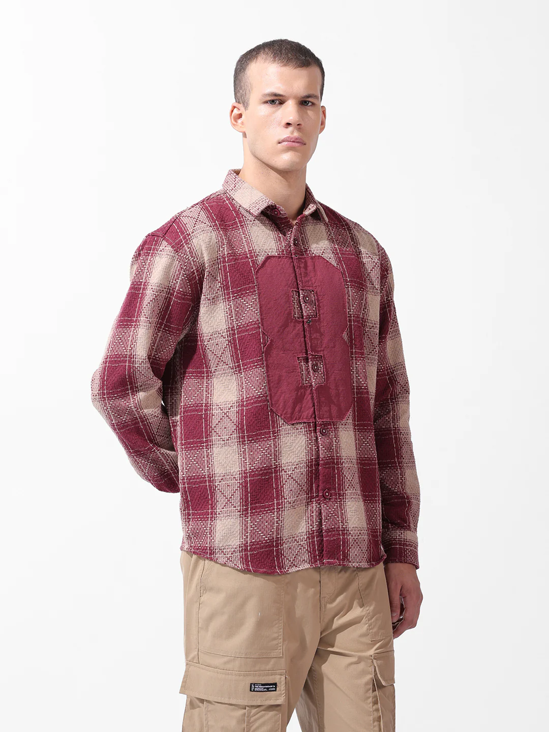 Men's Maroon Relaxed Fit Checkered Embroidered Shirt - Image 3