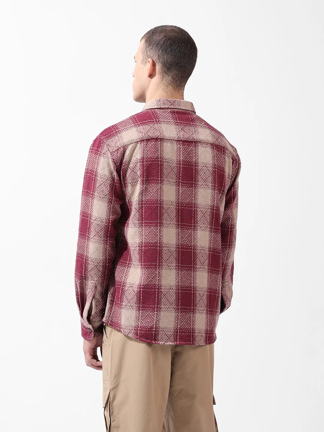 Men's Maroon Relaxed Fit Checkered Embroidered Shirt - Image 4