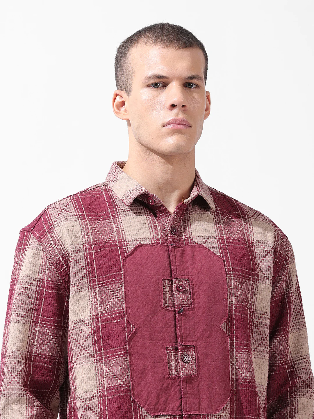 Men's Maroon Relaxed Fit Checkered Embroidered Shirt - Image 5