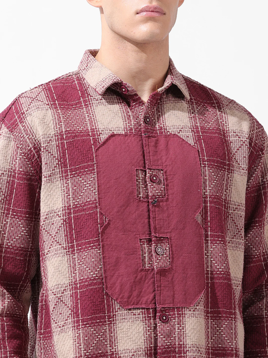 Men's Maroon Relaxed Fit Checkered Embroidered Shirt - Image 6