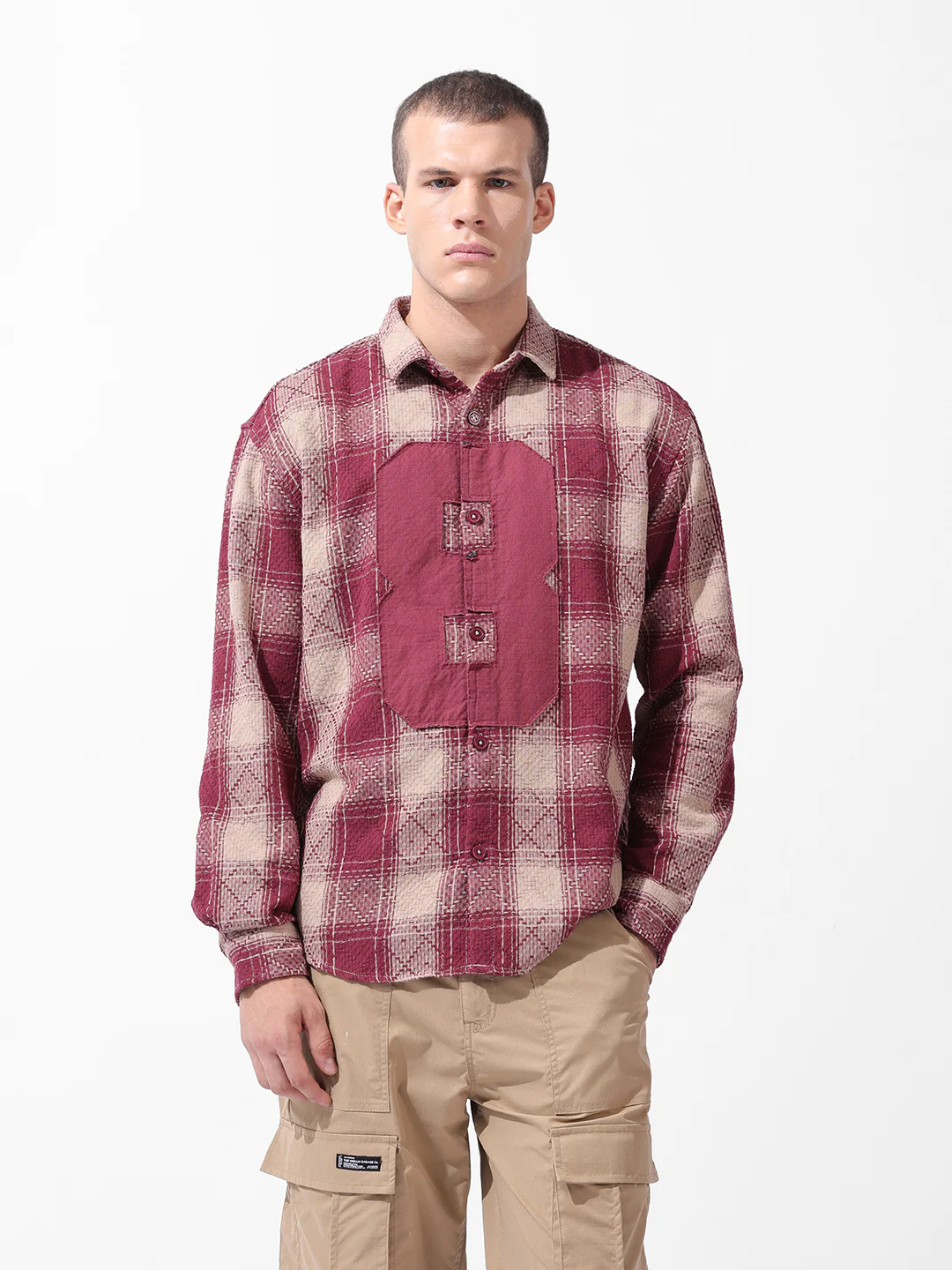 Men's Maroon Relaxed Fit Checkered Embroidered Shirt - Image 7