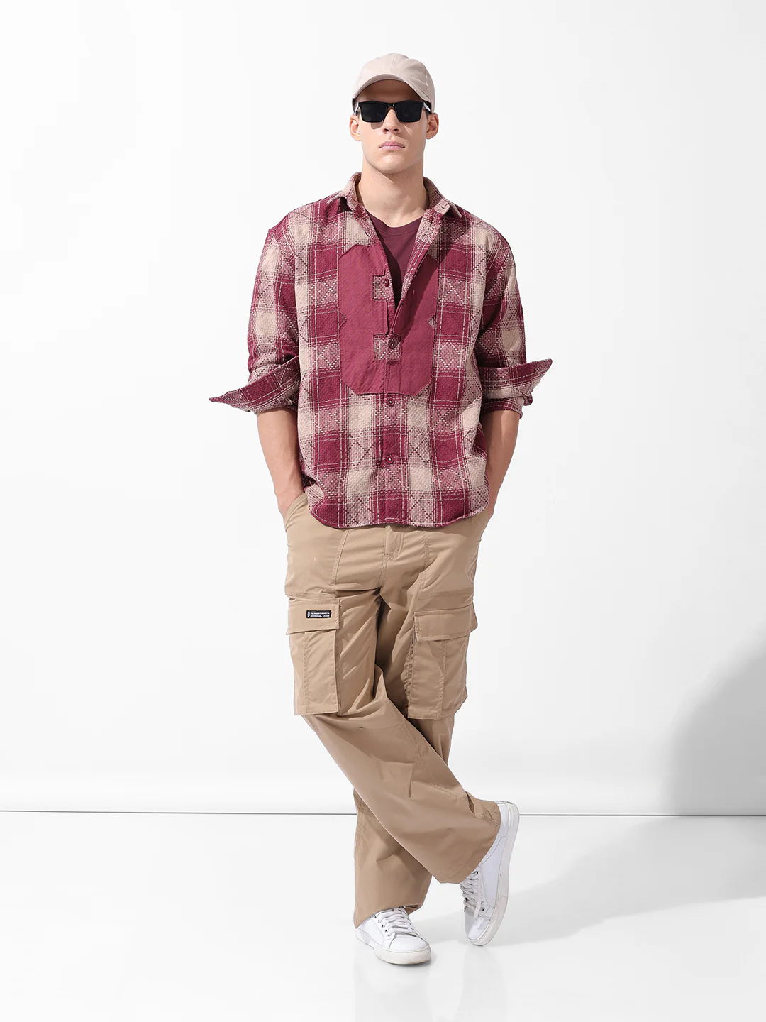Men's Maroon Relaxed Fit Checkered Embroidered Shirt - Image 8