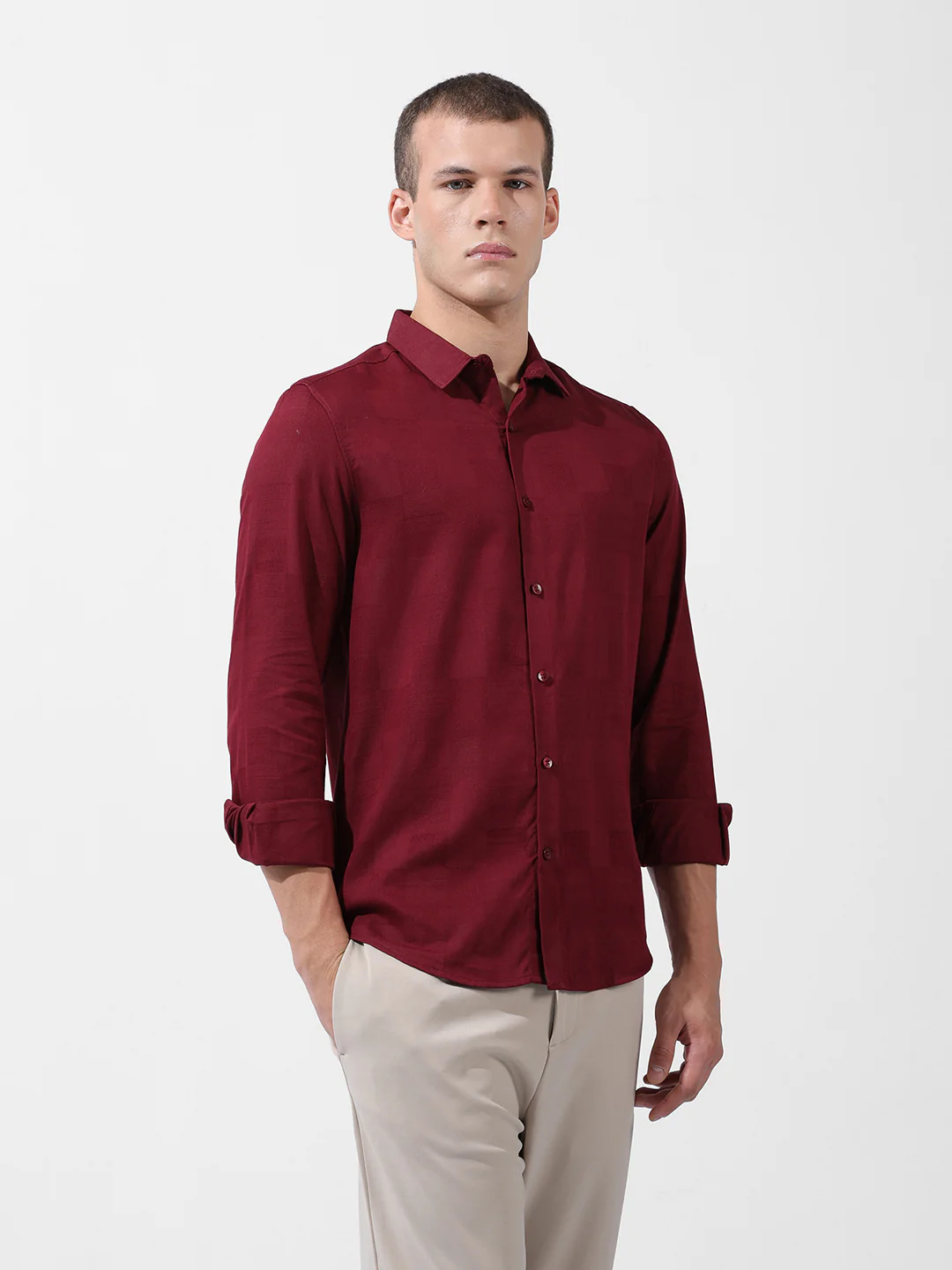 Men's Maroon Slim Fit Textured Party Wear Shirt - Image 4