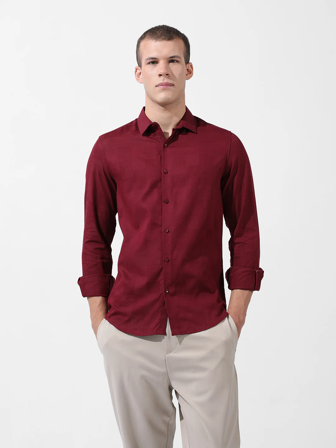 Men's Maroon Slim Fit Textured Party Wear Shirt - Image 7