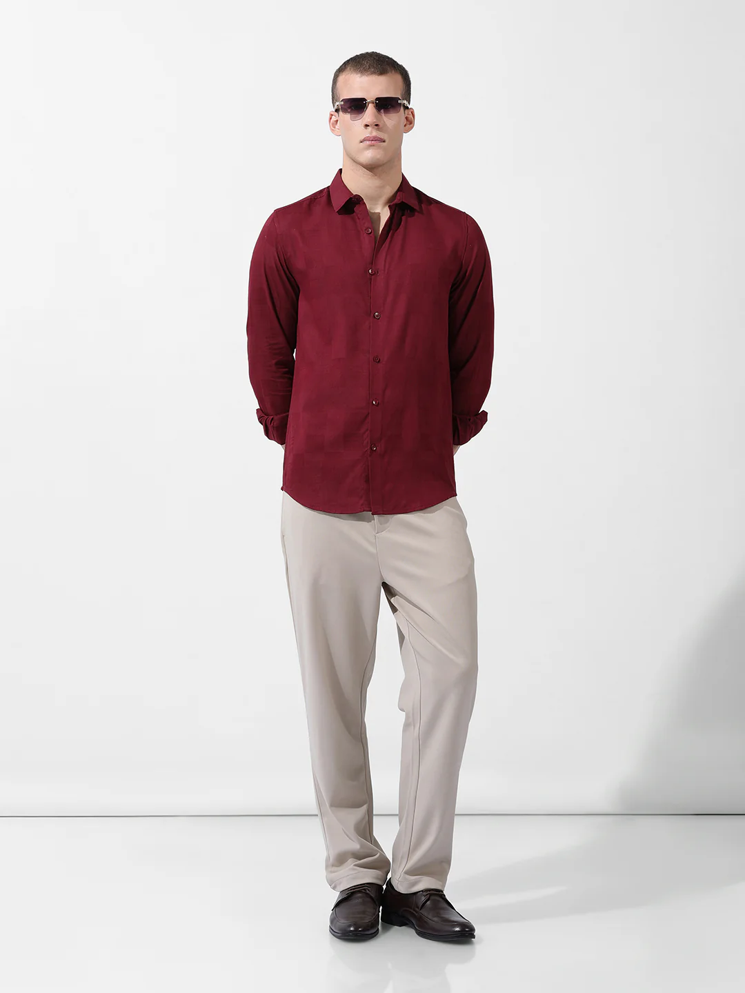 Men's Maroon Slim Fit Textured Party Wear Shirt - Image 8
