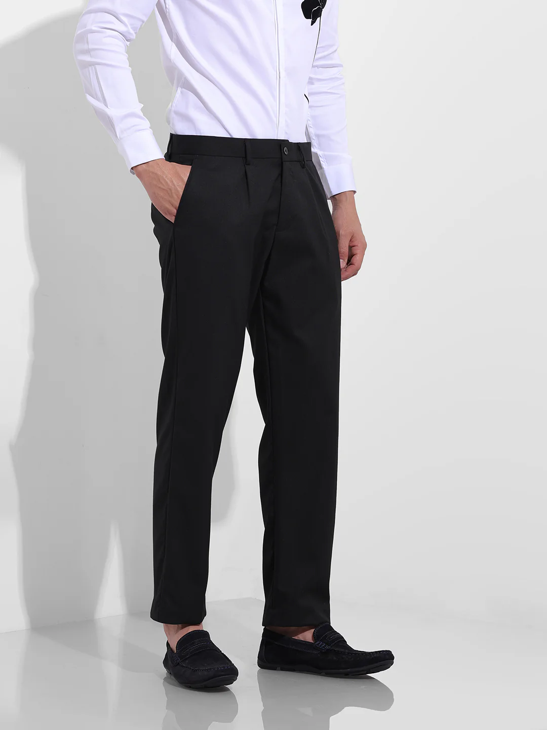 Men's Black Regular Fit Solid Formal Trouser - Image 3