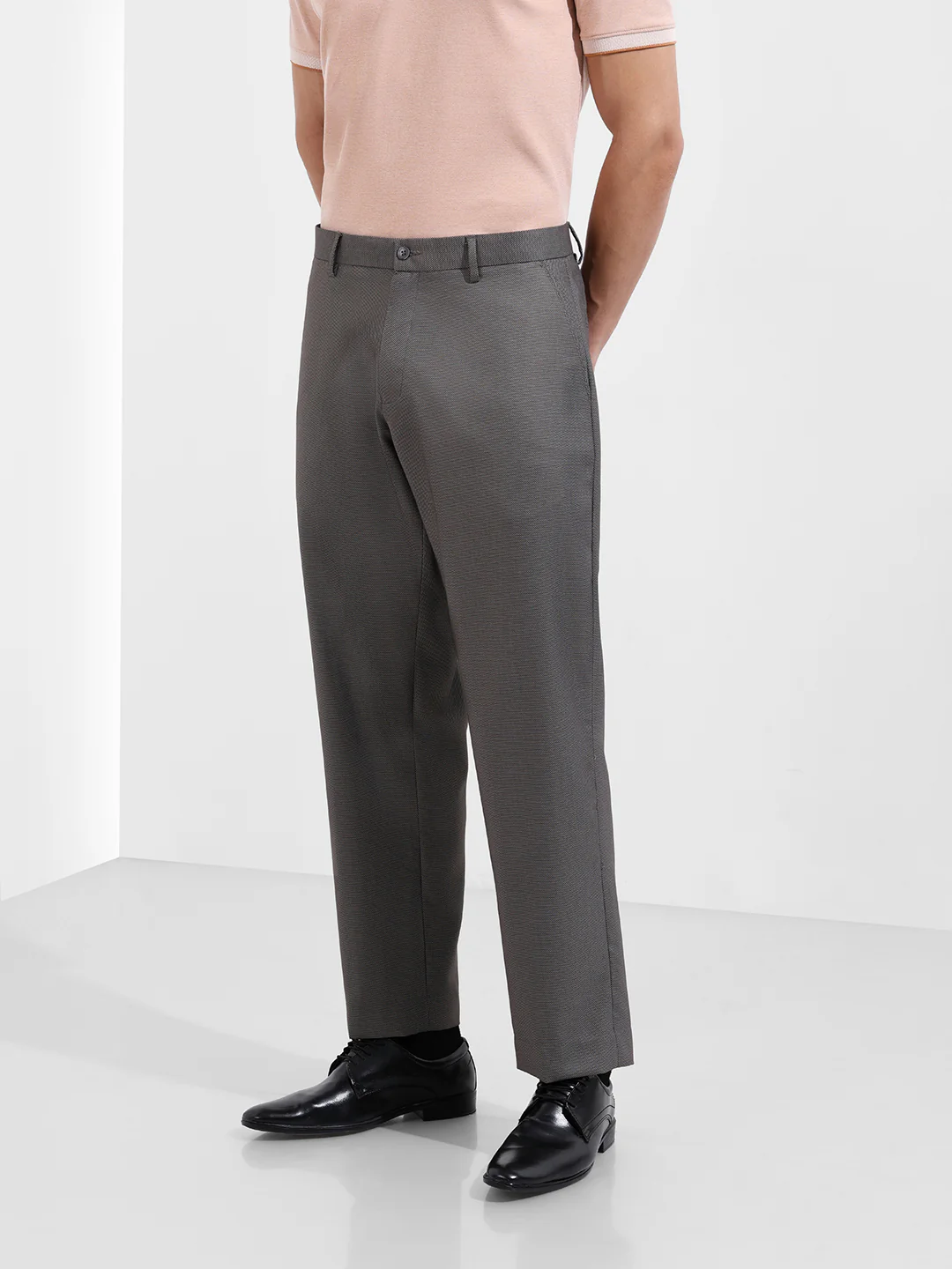 Men's Grey Regular Fit Solid Formal Trouser - Image 3