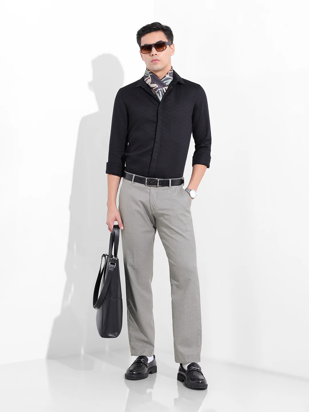 Men's Grey Regular Fit Solid Formal Trouser - Image 6